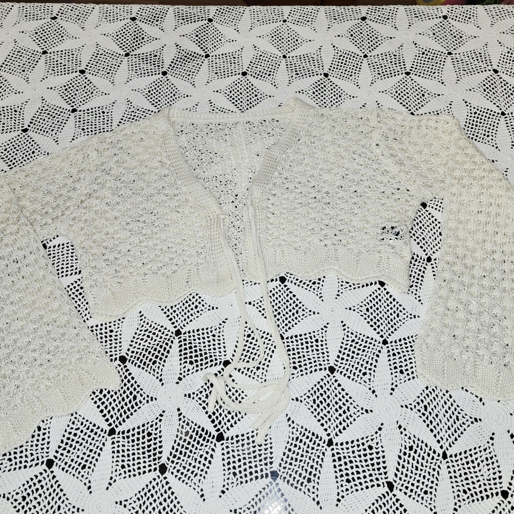 Crochet Tie Front Scallop Trim, Trumpet Sleeve Cropped Cardigan Boho Festival - Picture 7 of 10